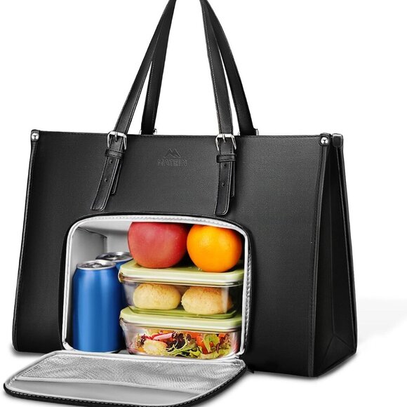 Laptop Tote Bag with Insulated Lunch Compartment, 15.6 Inch PU Leather Briefcase - Picture 8 of 9